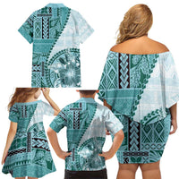 Samoa Siapo Elegant Family Matching Off Shoulder Short Dress and Hawaiian Shirt Hibiscus Teal Motifs - Polynesian Pride