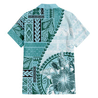 Samoa Siapo Elegant Family Matching Off Shoulder Short Dress and Hawaiian Shirt Hibiscus Teal Motifs - Polynesian Pride