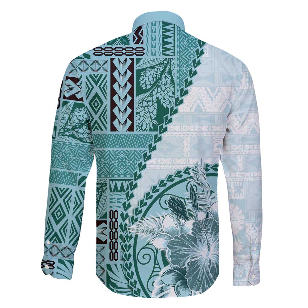 Samoa Siapo Elegant Family Matching Off Shoulder Short Dress and Hawaiian Shirt Hibiscus Teal Motifs - Polynesian Pride