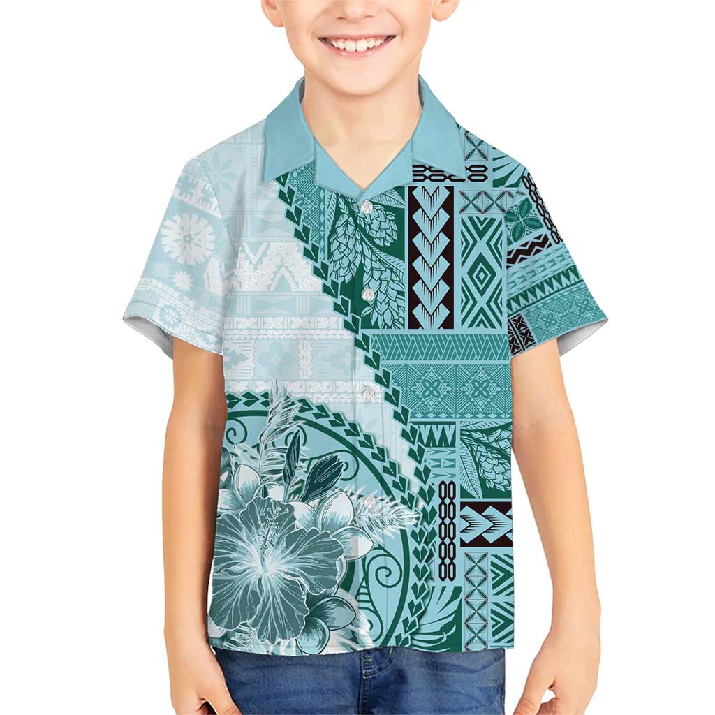 Samoa Siapo Elegant Family Matching Short Sleeve Bodycon Dress and Hawaiian Shirt Hibiscus Teal Motifs - Polynesian Pride