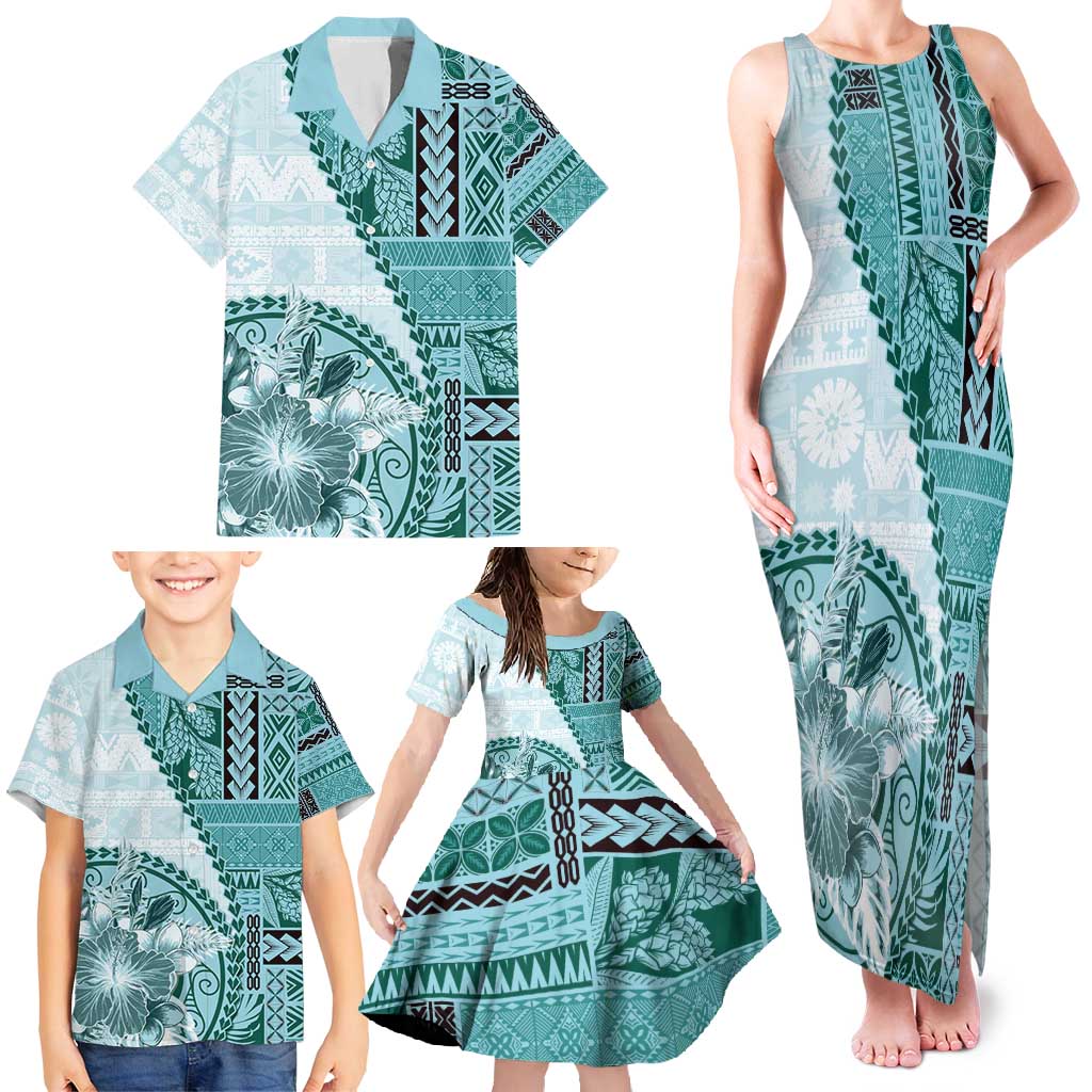 Samoa Siapo Elegant Family Matching Tank Maxi Dress and Hawaiian Shirt Hibiscus Teal Motifs - Polynesian Pride