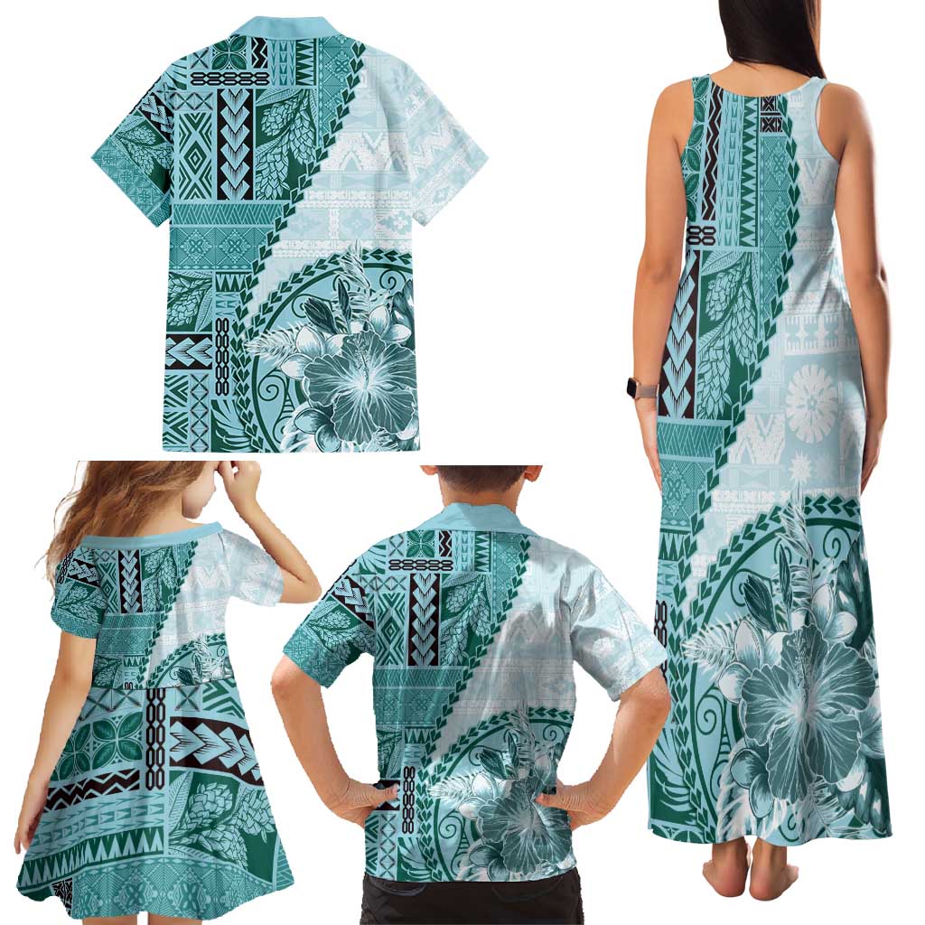 Samoa Siapo Elegant Family Matching Tank Maxi Dress and Hawaiian Shirt Hibiscus Teal Motifs - Polynesian Pride