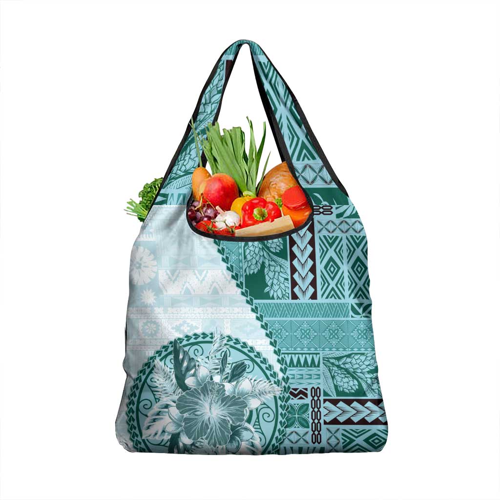 Samoa Siapo Elegant Grocery Bag Hibiscus Teal Motifs LT05 1-pack One Size Teal - Polynesian Pride