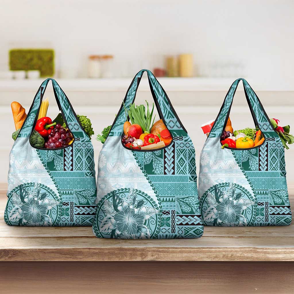 Samoa Siapo Elegant Grocery Bag Hibiscus Teal Motifs LT05 3-pack One Size Teal - Polynesian Pride