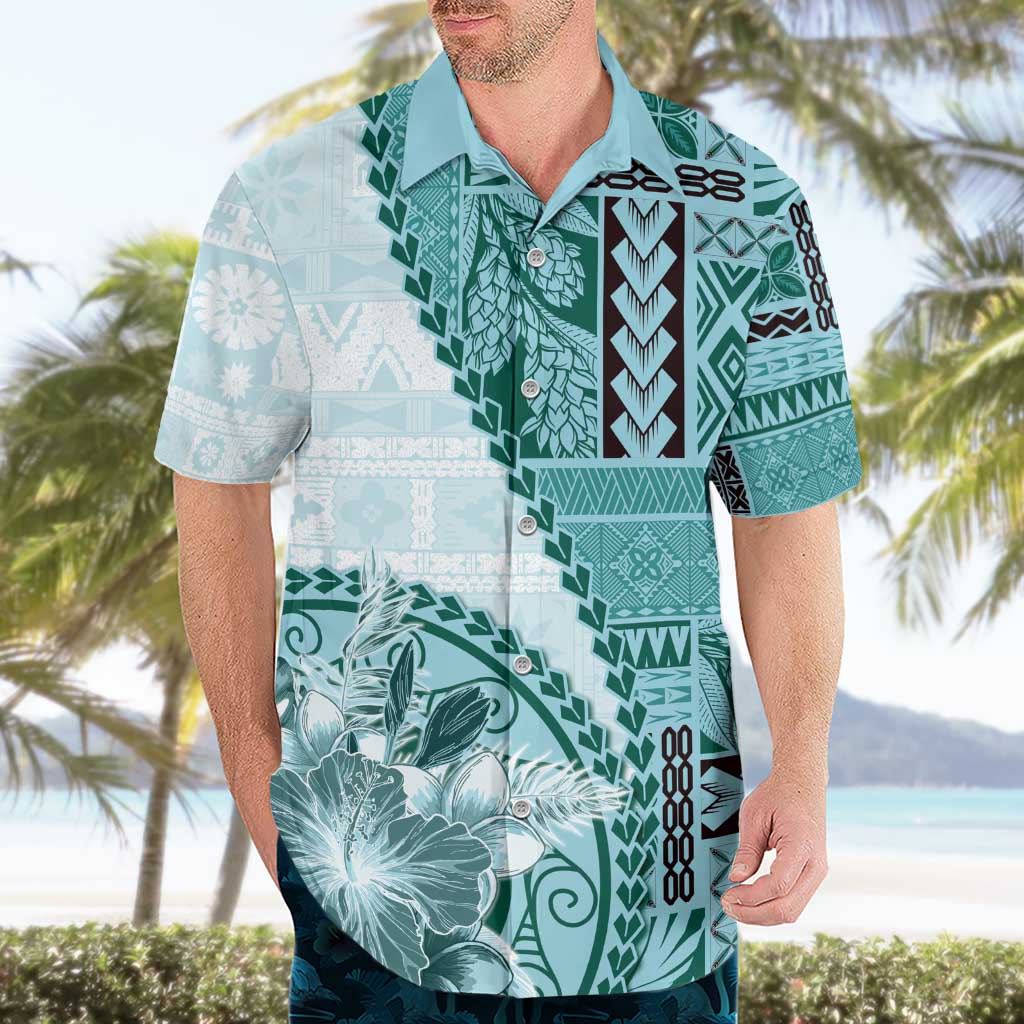 Samoa Siapo Elegant Hawaiian Shirt Hibiscus Teal Motifs - Polynesian Pride