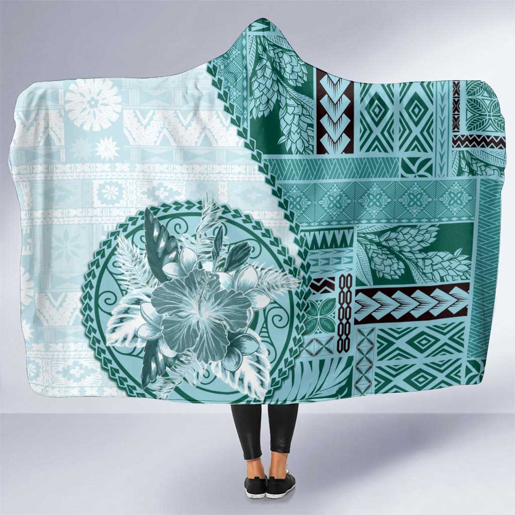 Samoa Siapo Elegant Hooded Blanket Hibiscus Teal Motifs LT05 One Size Teal - Polynesian Pride