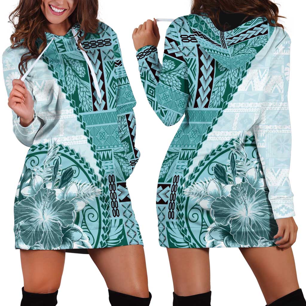 Samoa Siapo Elegant Hoodie Dress Hibiscus Teal Motifs - Polynesian Pride