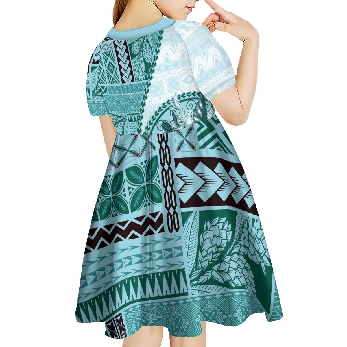 Samoa Siapo Elegant Kid Short Sleeve Dress Hibiscus Teal Motifs - Polynesian Pride