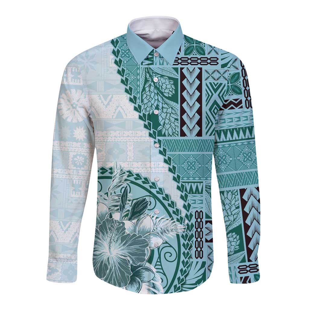Samoa Siapo Elegant Long Sleeve Button Shirt Hibiscus Teal Motifs LT05 Unisex Teal - Polynesian Pride