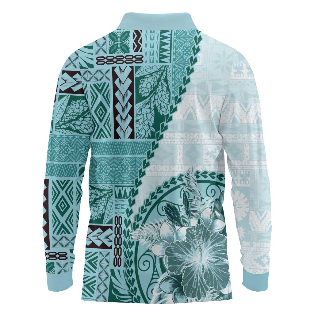 Samoa Siapo Elegant Long Sleeve Polo Shirt Hibiscus Teal Motifs - Polynesian Pride