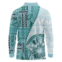 Samoa Siapo Elegant Long Sleeve Polo Shirt Hibiscus Teal Motifs - Polynesian Pride