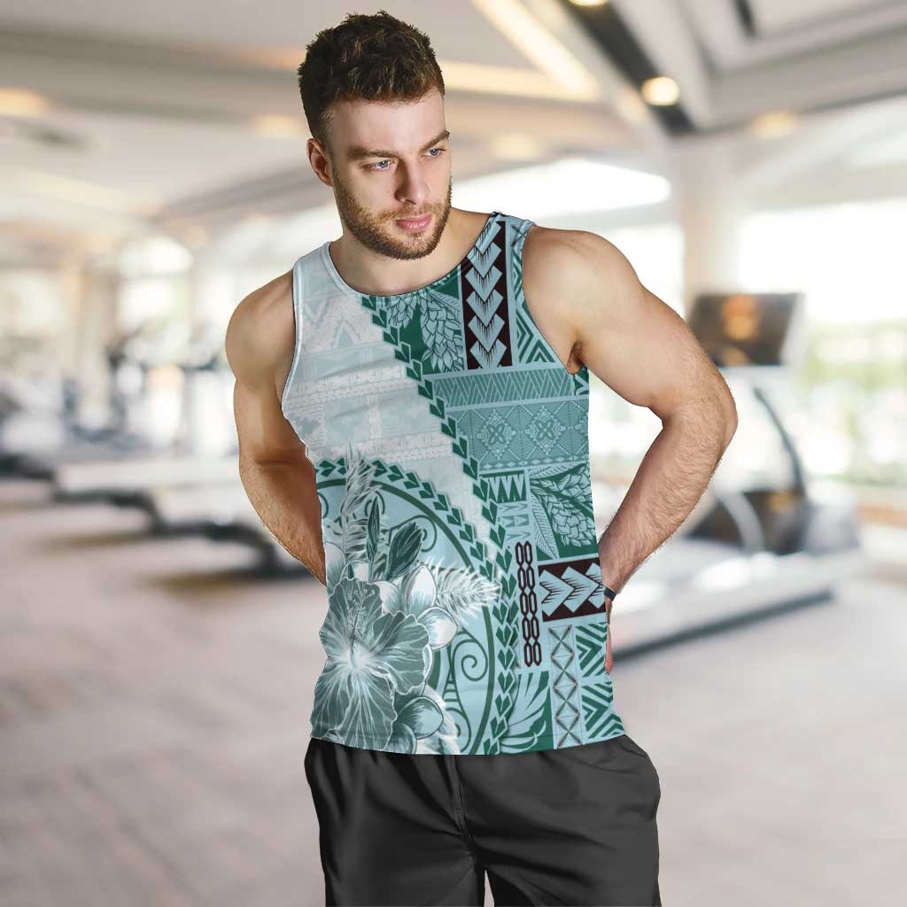 Samoa Siapo Elegant Men Tank Top Hibiscus Teal Motifs - Polynesian Pride