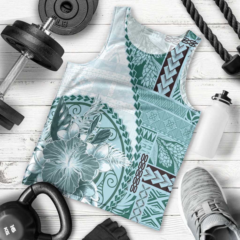 Samoa Siapo Elegant Men Tank Top Hibiscus Teal Motifs - Polynesian Pride