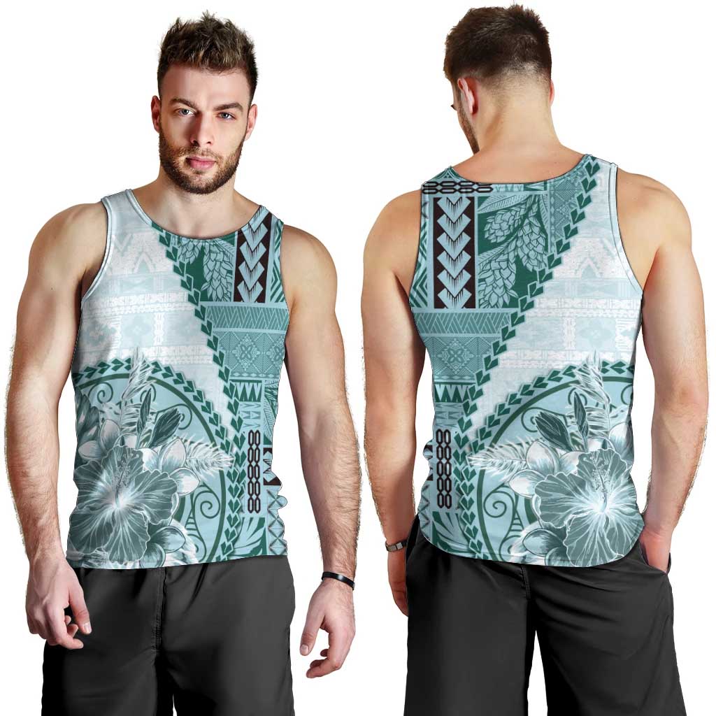 Samoa Siapo Elegant Men Tank Top Hibiscus Teal Motifs - Polynesian Pride