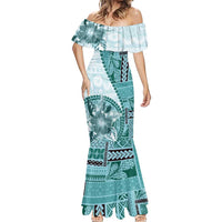 Samoa Siapo Elegant Mermaid Dress Hibiscus Teal Motifs - Polynesian Pride