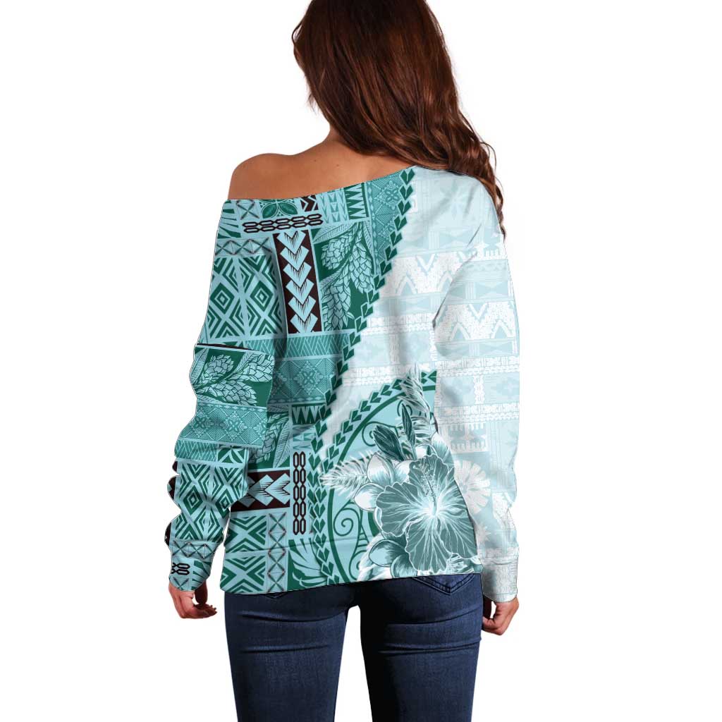 Samoa Siapo Elegant Off Shoulder Sweater Hibiscus Teal Motifs - Polynesian Pride