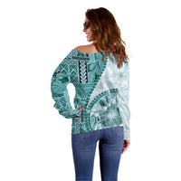 Samoa Siapo Elegant Off Shoulder Sweater Hibiscus Teal Motifs - Polynesian Pride