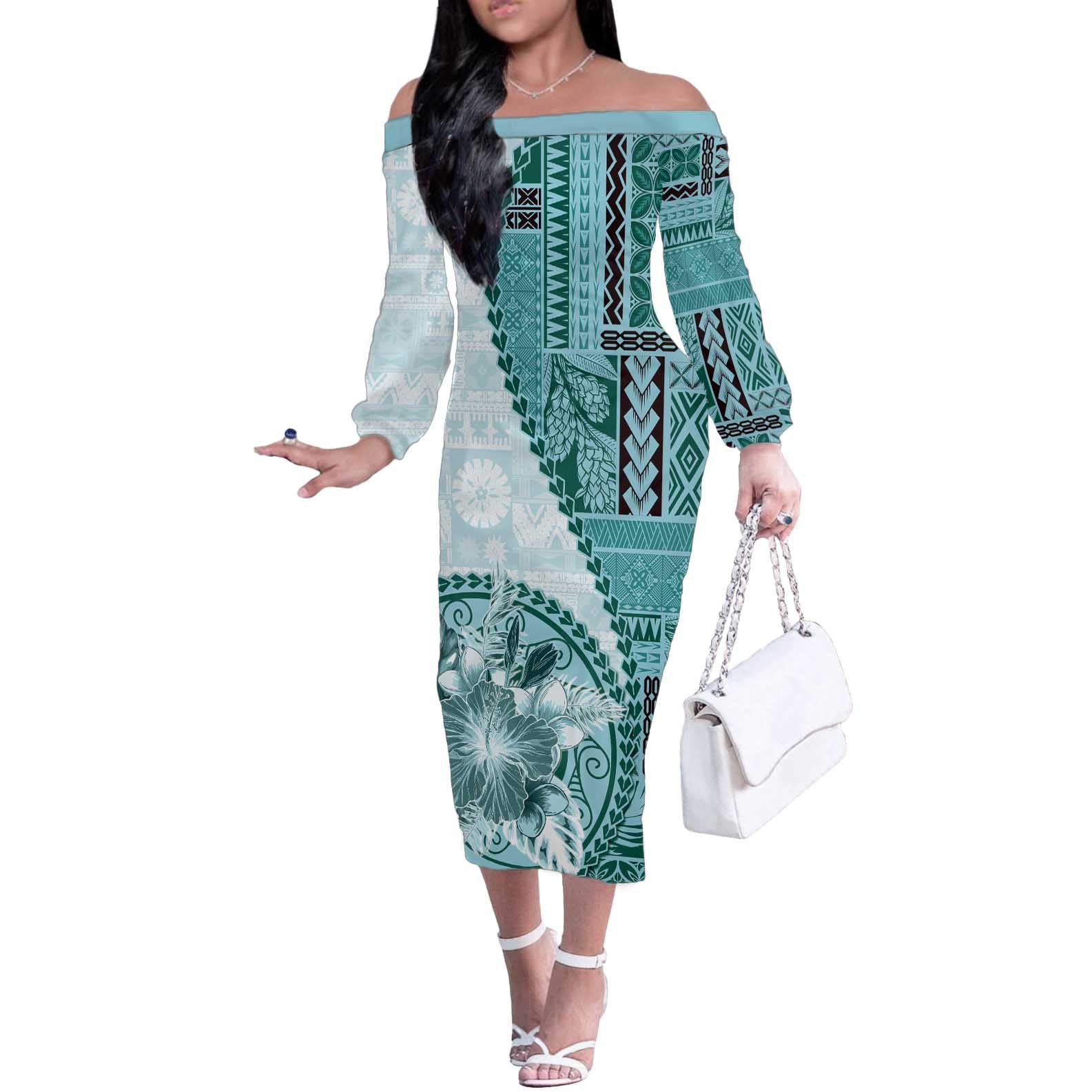 Samoa Siapo Elegant Off The Shoulder Long Sleeve Dress Hibiscus Teal Motifs - Polynesian Pride