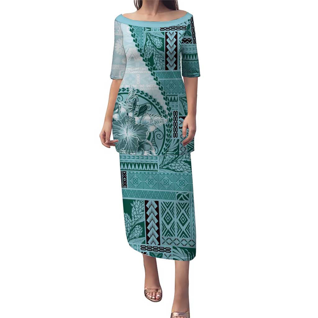 Samoa Siapo Elegant Puletasi Hibiscus Teal Motifs LT05 Long Dress Teal - Polynesian Pride