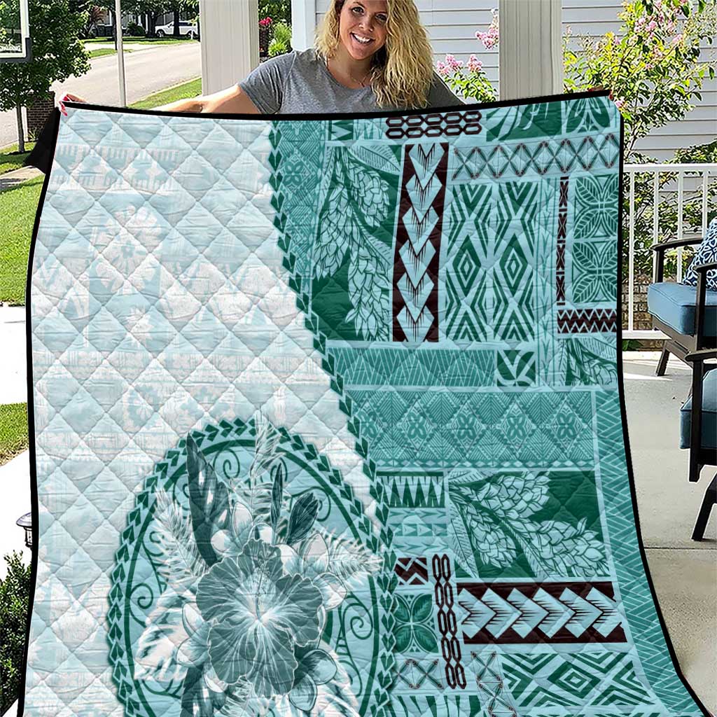 Samoa Siapo Elegant Quilt Hibiscus Teal Motifs - Polynesian Pride