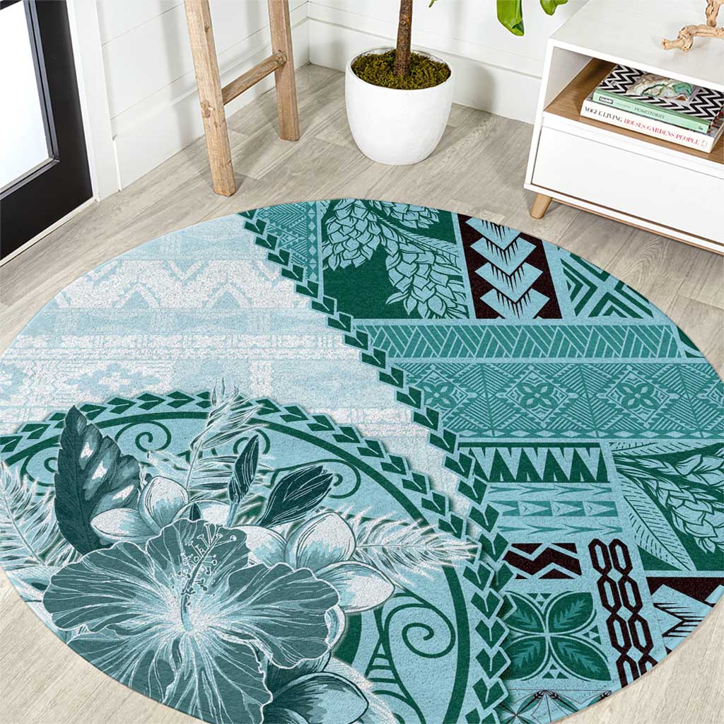 Samoa Siapo Elegant Round Carpet Hibiscus Teal Motifs - Polynesian Pride