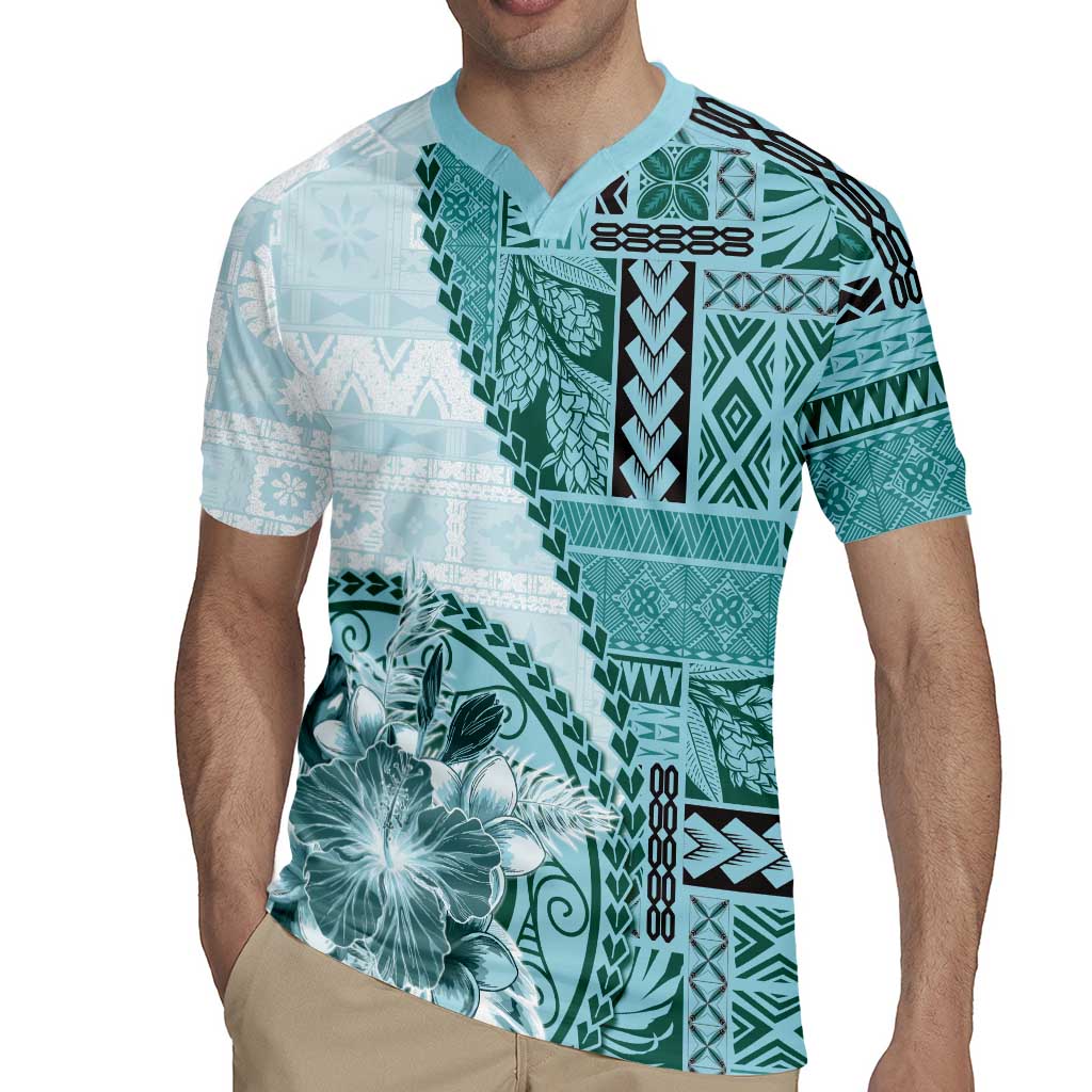 Samoa Siapo Elegant Rugby Jersey Hibiscus Teal Motifs - Polynesian Pride