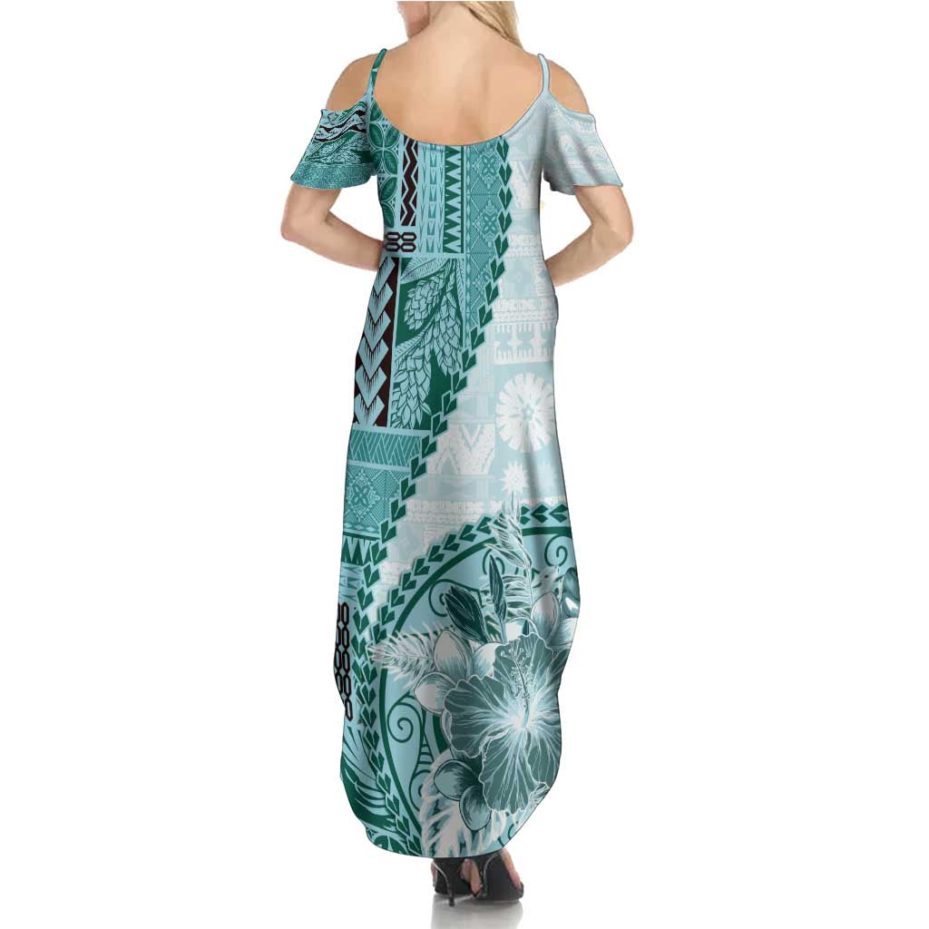 Samoa Siapo Elegant Summer Maxi Dress Hibiscus Teal Motifs LT05 - Polynesian Pride