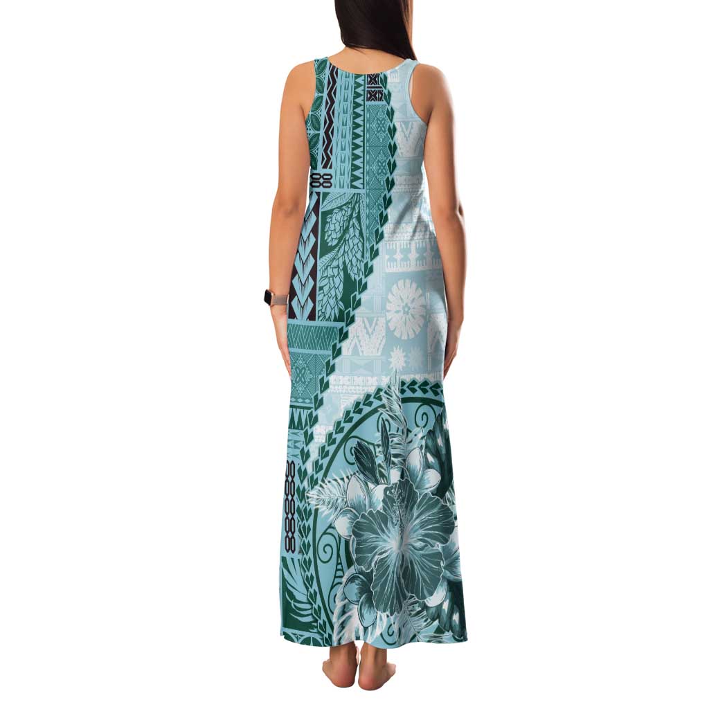Samoa Siapo Elegant Tank Maxi Dress Hibiscus Teal Motifs LT05 - Polynesian Pride