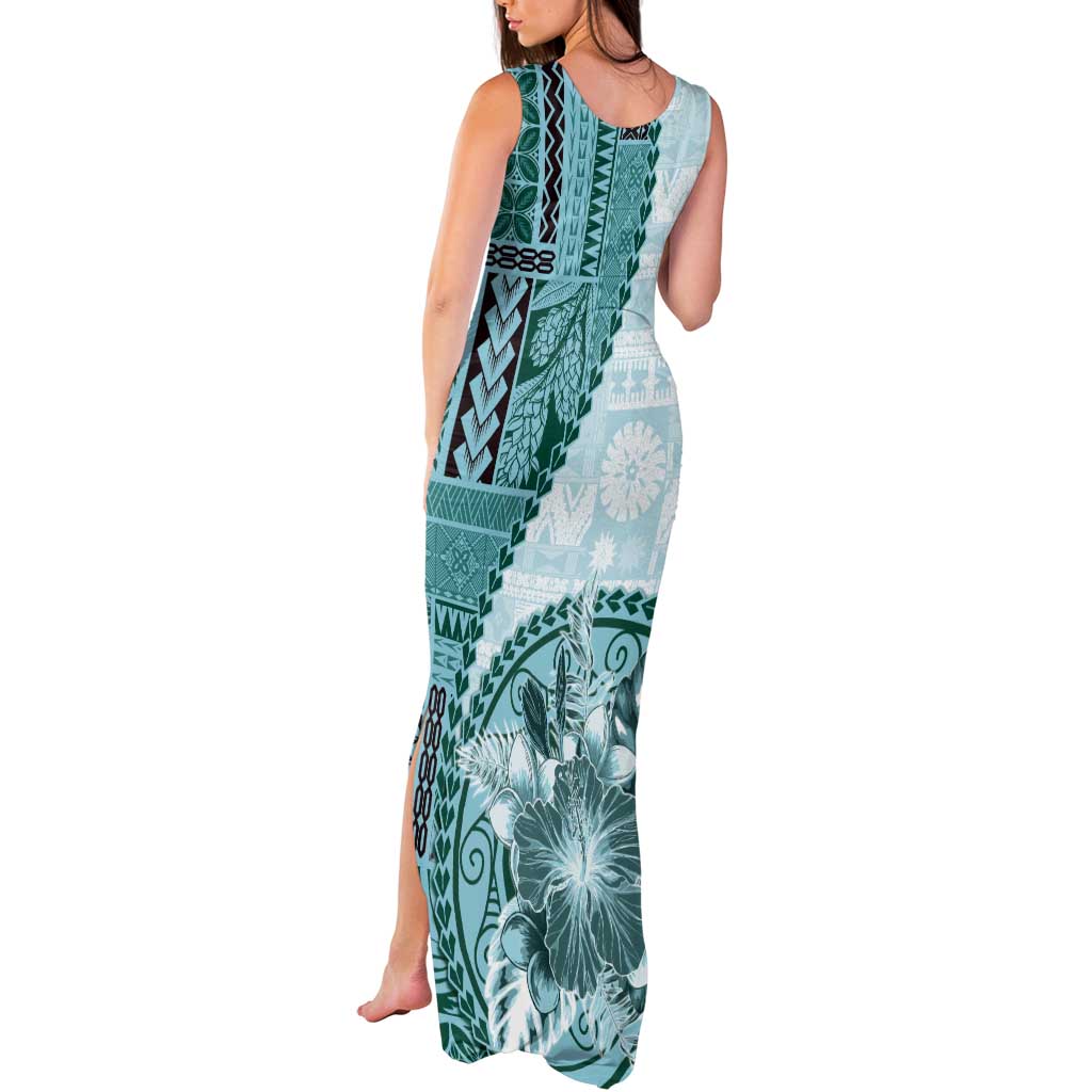 Samoa Siapo Elegant Tank Maxi Dress Hibiscus Teal Motifs LT05 - Polynesian Pride