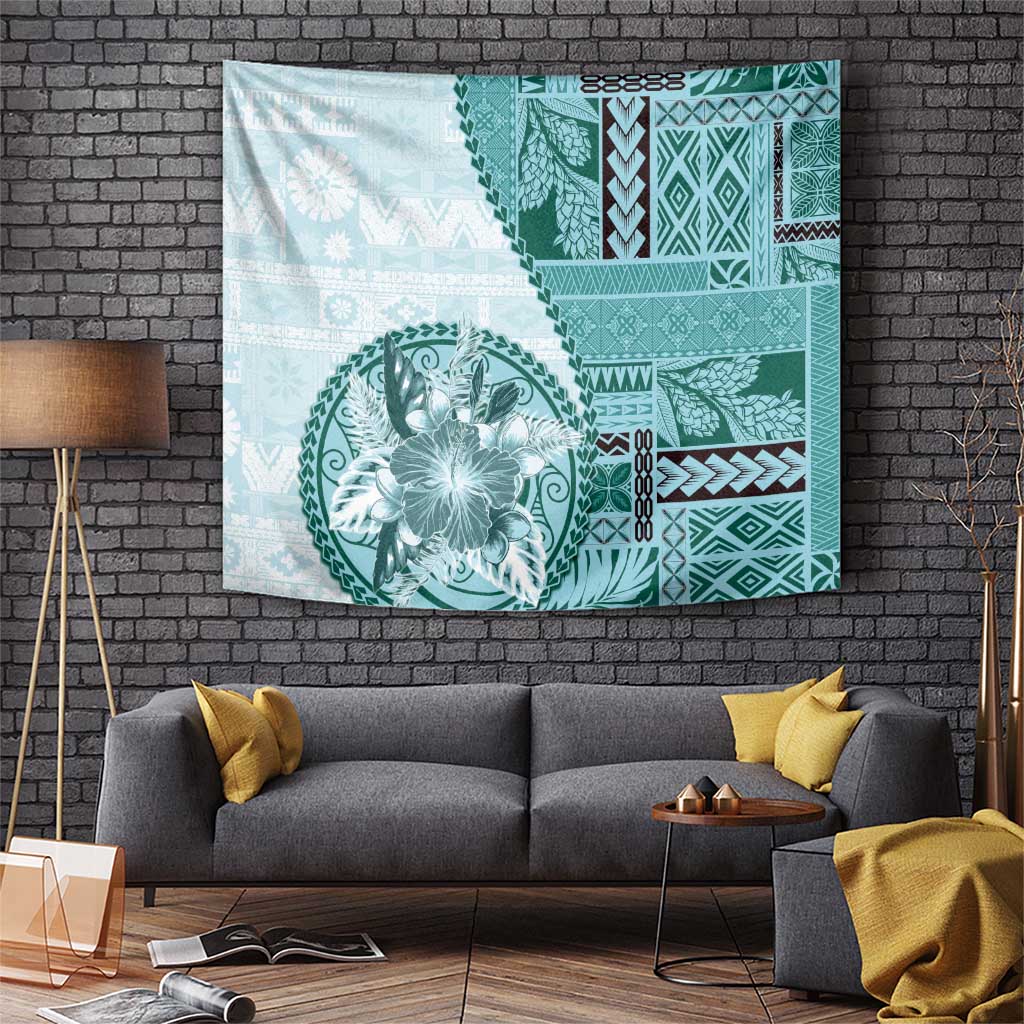 Samoa Siapo Elegant Tapestry Hibiscus Teal Motifs - Polynesian Pride