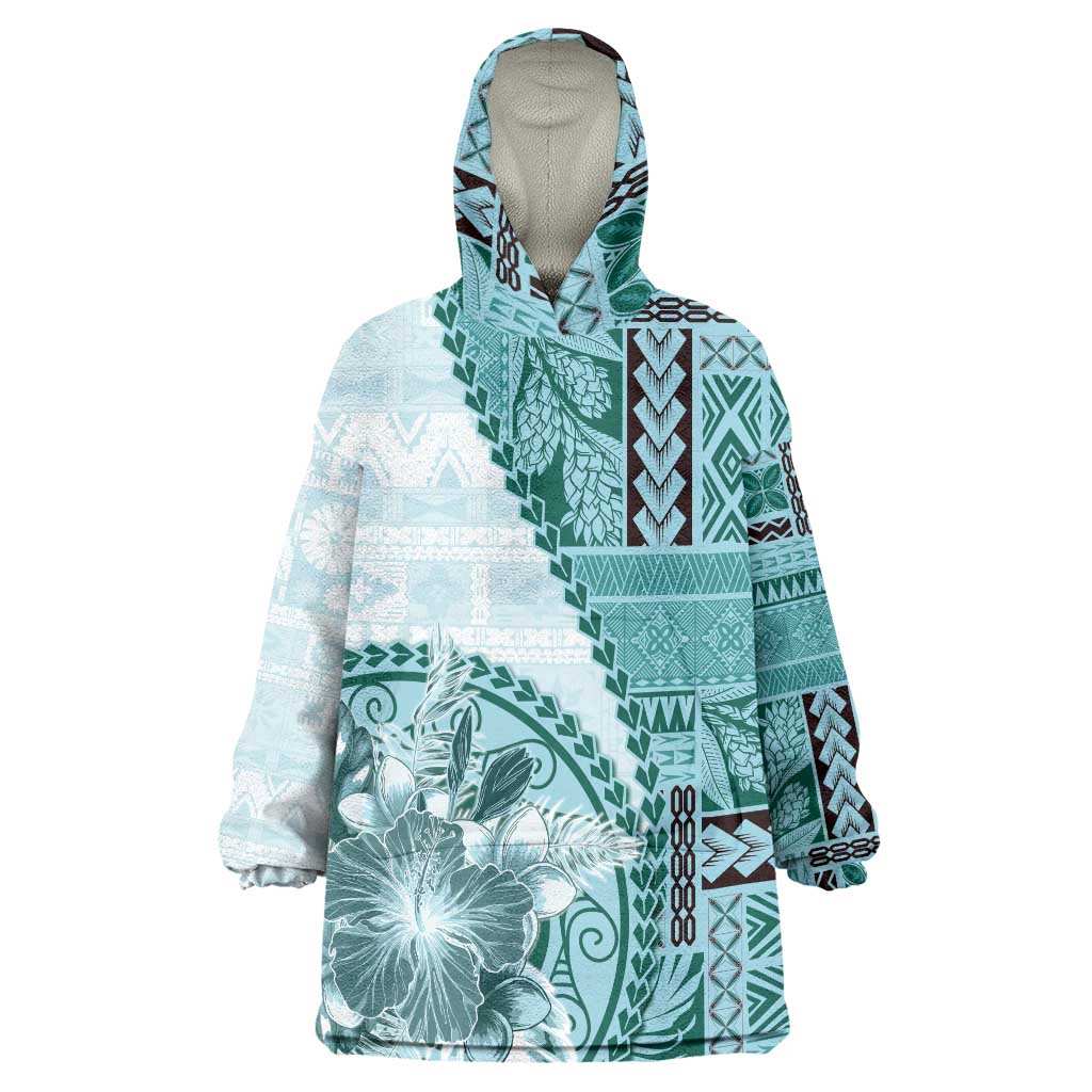 Samoa Siapo Elegant Wearable Blanket Hoodie Hibiscus Teal Motifs LT05 One Size Teal - Polynesian Pride