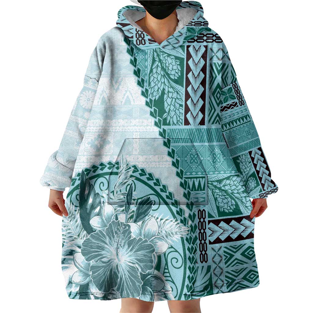 Samoa Siapo Elegant Wearable Blanket Hoodie Hibiscus Teal Motifs LT05 - Polynesian Pride