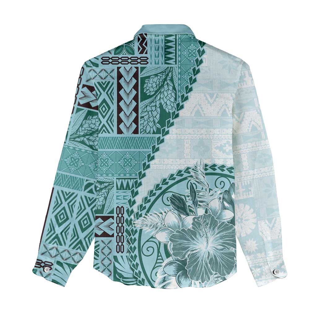 Samoa Siapo Elegant Women Casual Shirt Hibiscus Teal Motifs - Polynesian Pride