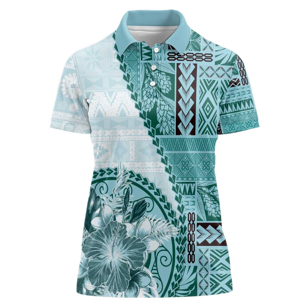 Samoa Siapo Elegant Women Polo Shirt Hibiscus Teal Motifs - Polynesian Pride