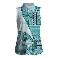 Samoa Siapo Elegant Women Sleeveless Polo Shirt Hibiscus Teal Motifs LT05 Female Teal - Polynesian Pride