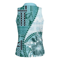 Samoa Siapo Elegant Women Sleeveless Polo Shirt Hibiscus Teal Motifs LT05 - Polynesian Pride