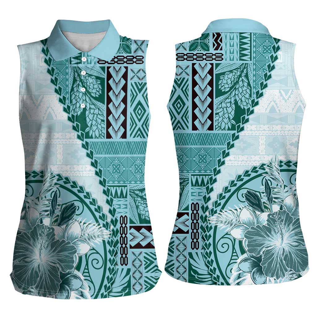 Samoa Siapo Elegant Women Sleeveless Polo Shirt Hibiscus Teal Motifs LT05 - Polynesian Pride