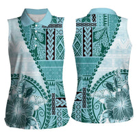 Samoa Siapo Elegant Women Sleeveless Polo Shirt Hibiscus Teal Motifs LT05 - Polynesian Pride