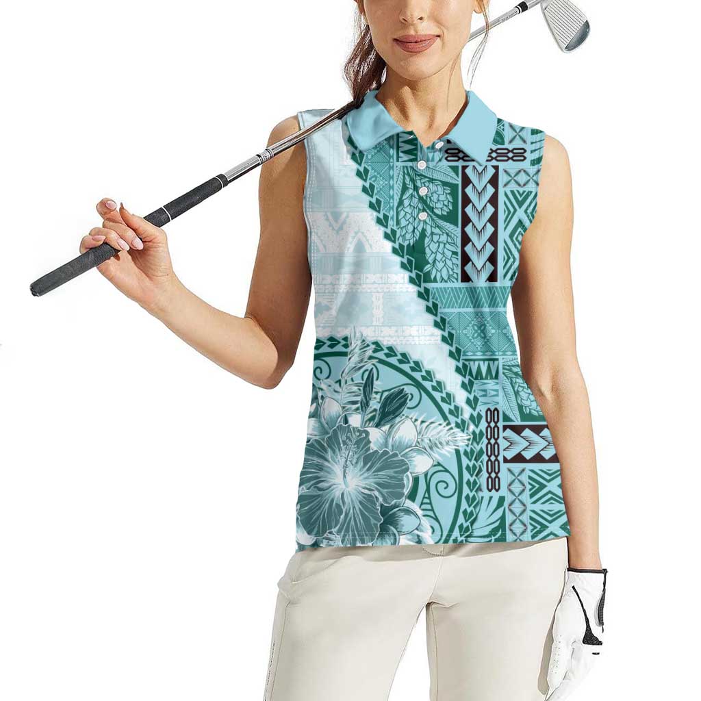 Samoa Siapo Elegant Women Sleeveless Polo Shirt Hibiscus Teal Motifs LT05 - Polynesian Pride