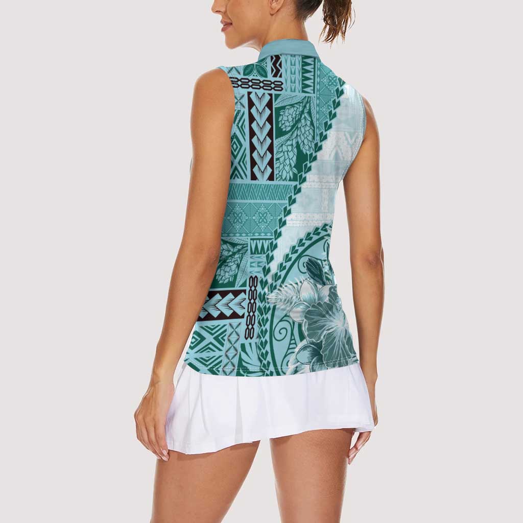 Samoa Siapo Elegant Women Sleeveless Polo Shirt Hibiscus Teal Motifs LT05 - Polynesian Pride