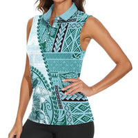 Samoa Siapo Elegant Women Sleeveless Polo Shirt Hibiscus Teal Motifs LT05 - Polynesian Pride