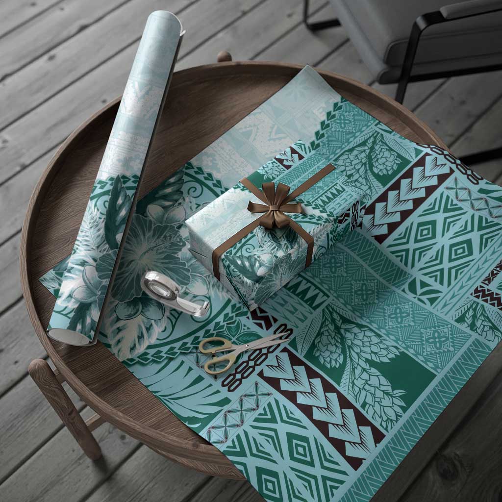 Samoa Siapo Elegant Wrapping Paper Hibiscus Teal Motifs LT05 - Polynesian Pride