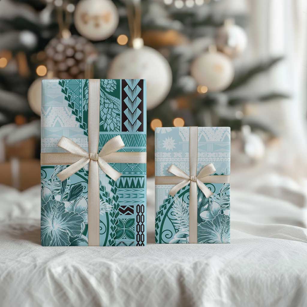 Samoa Siapo Elegant Wrapping Paper Hibiscus Teal Motifs LT05 - Polynesian Pride