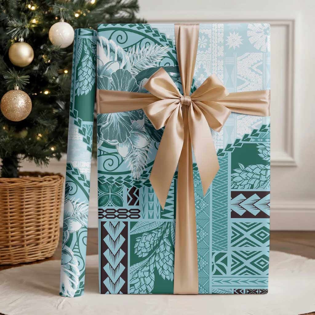 Samoa Siapo Elegant Wrapping Paper Hibiscus Teal Motifs LT05 - Polynesian Pride