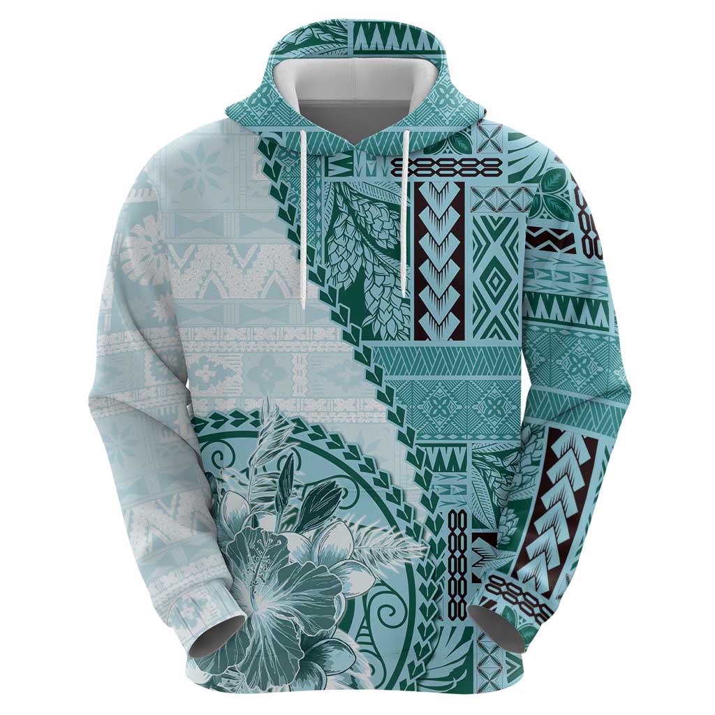 Samoa Siapo Elegant Zip Hoodie Hibiscus Teal Motifs - Polynesian Pride