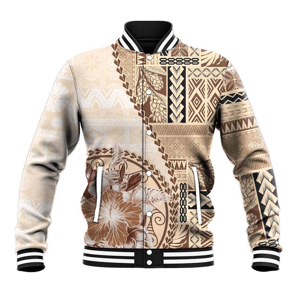 Samoa Siapo Elegant Baseball Jacket Hibiscus Beige Motifs LT05 Unisex Beige - Polynesian Pride