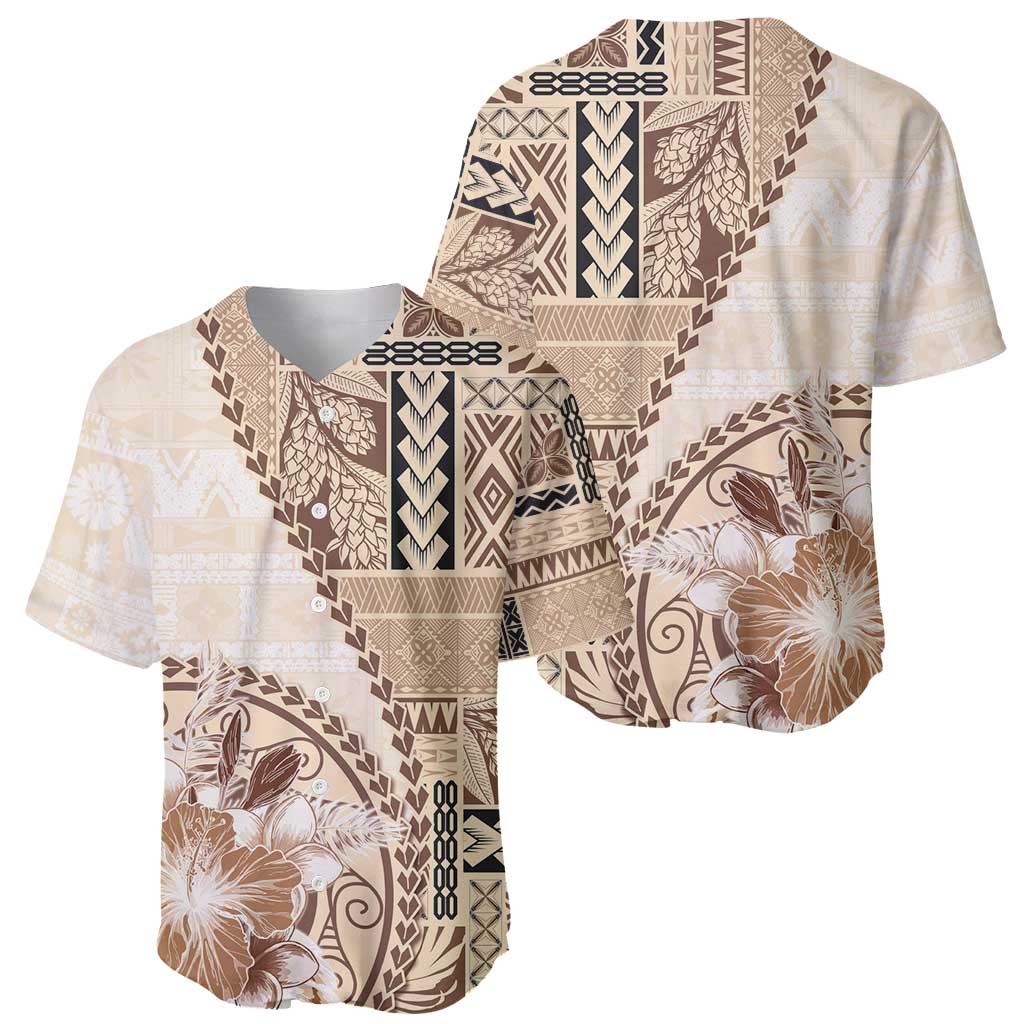 Samoa Siapo Elegant Baseball Jersey Hibiscus Beige Motifs - Polynesian Pride