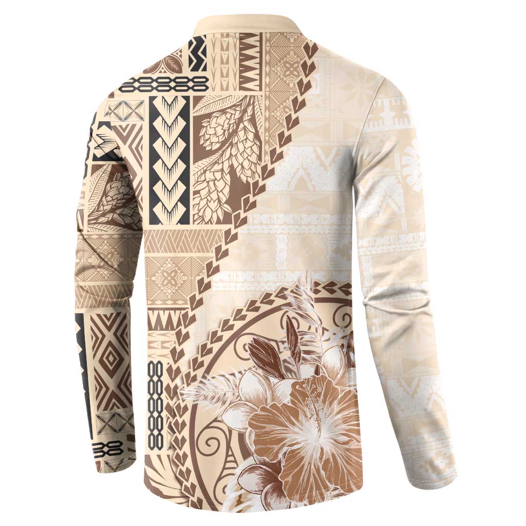 Samoa Siapo Elegant Button Sweatshirt Hibiscus Beige Motifs LT05 - Polynesian Pride