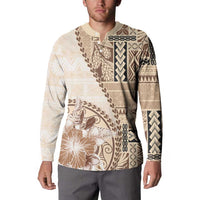 Samoa Siapo Elegant Button Sweatshirt Hibiscus Beige Motifs LT05 - Polynesian Pride