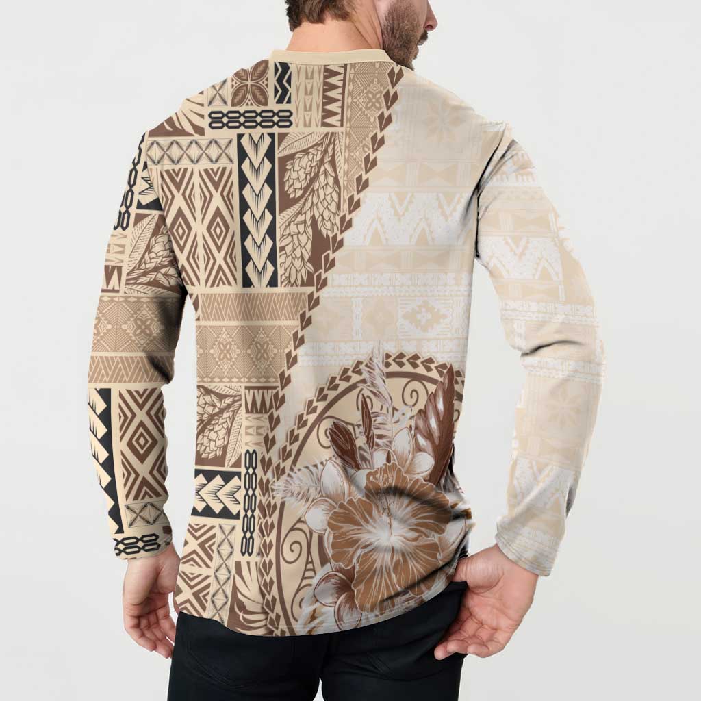 Samoa Siapo Elegant Button Sweatshirt Hibiscus Beige Motifs LT05 - Polynesian Pride